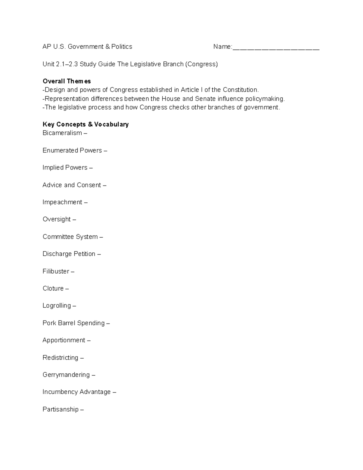 AP U.S. Government Unit Study Guide: The Legislative Branch (Congress ...