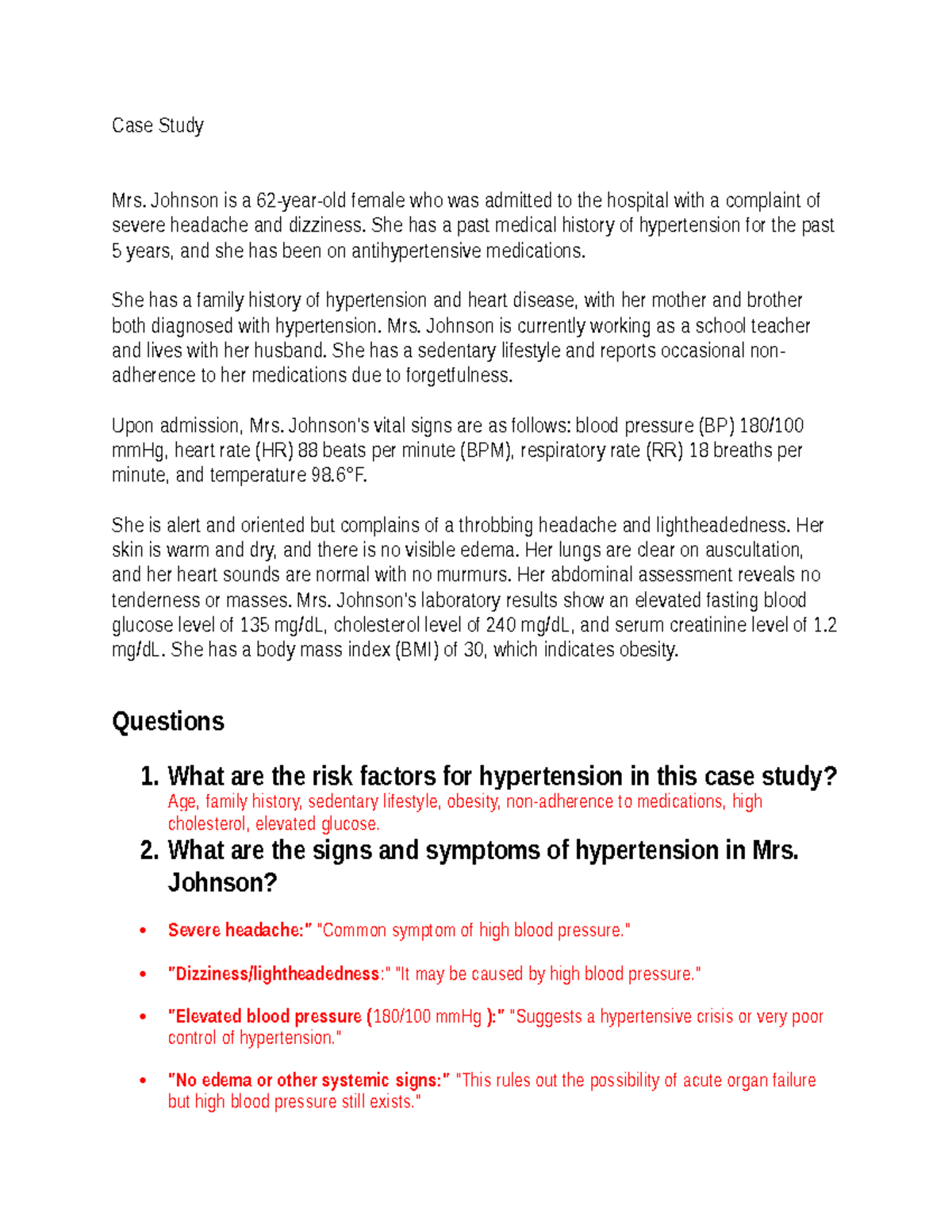 Case Study: Hypertension Management in Mrs. Johnson (NUR 101) - Studocu