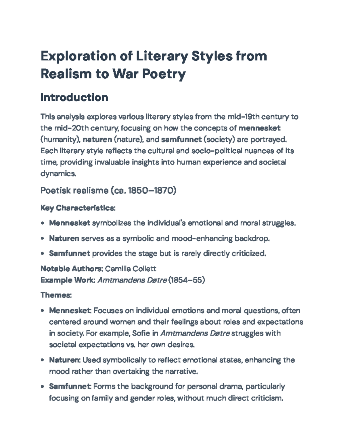Exploration of Literary Styles: Realism to War Poetry (Course Code ...