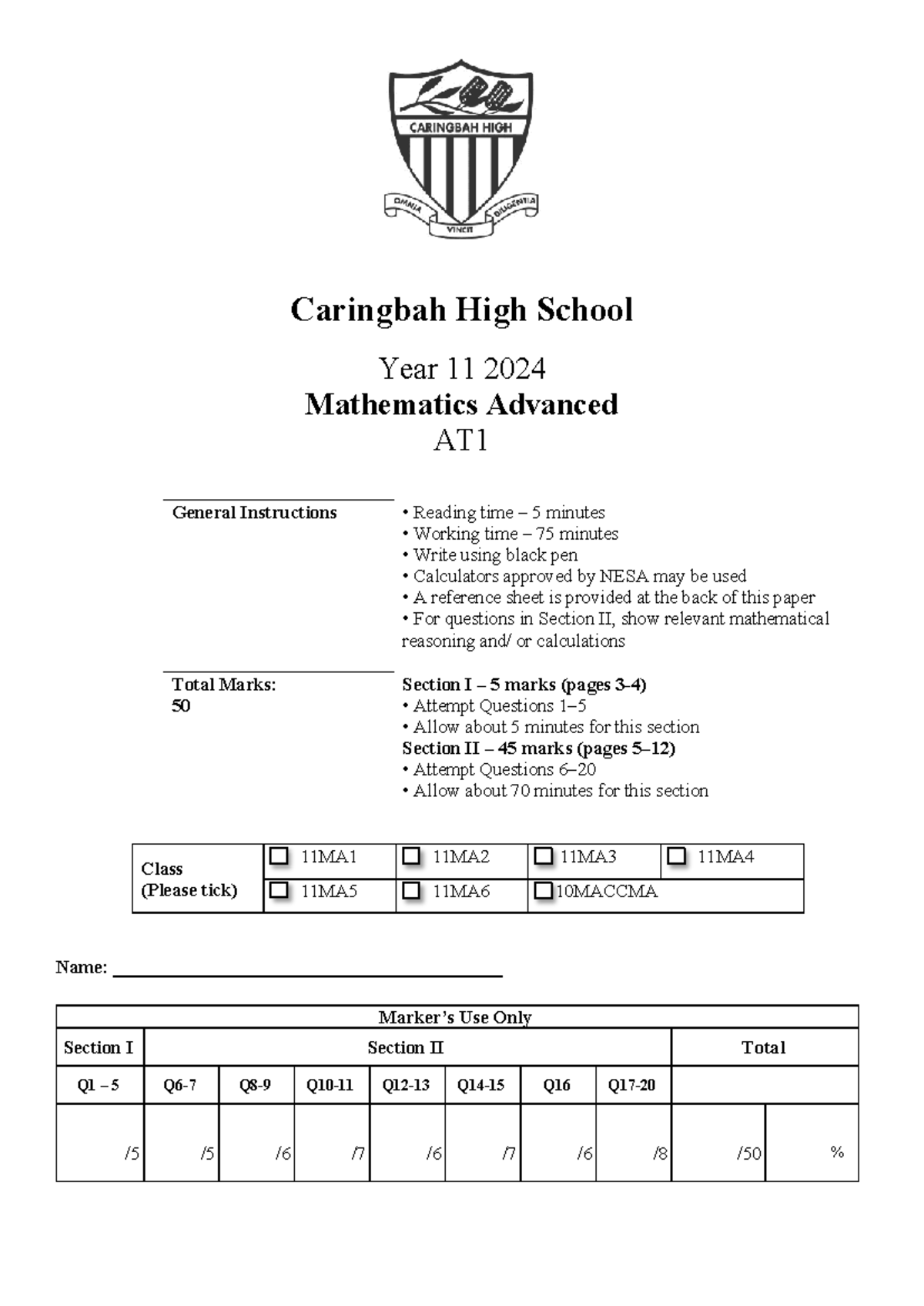 2024 Year 11 Mathematics Advanced AT1 Exam Solutions - Studocu