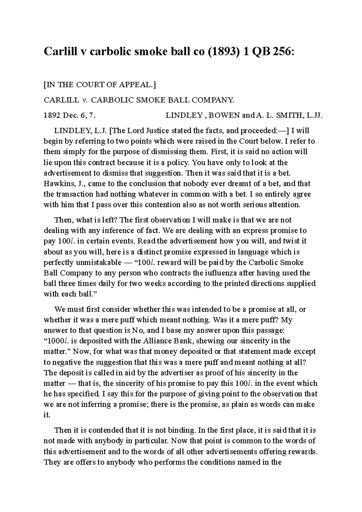 Carlill v. Carbolic Smoke Ball Co. (1893) - Case Analysis and Judgment ...