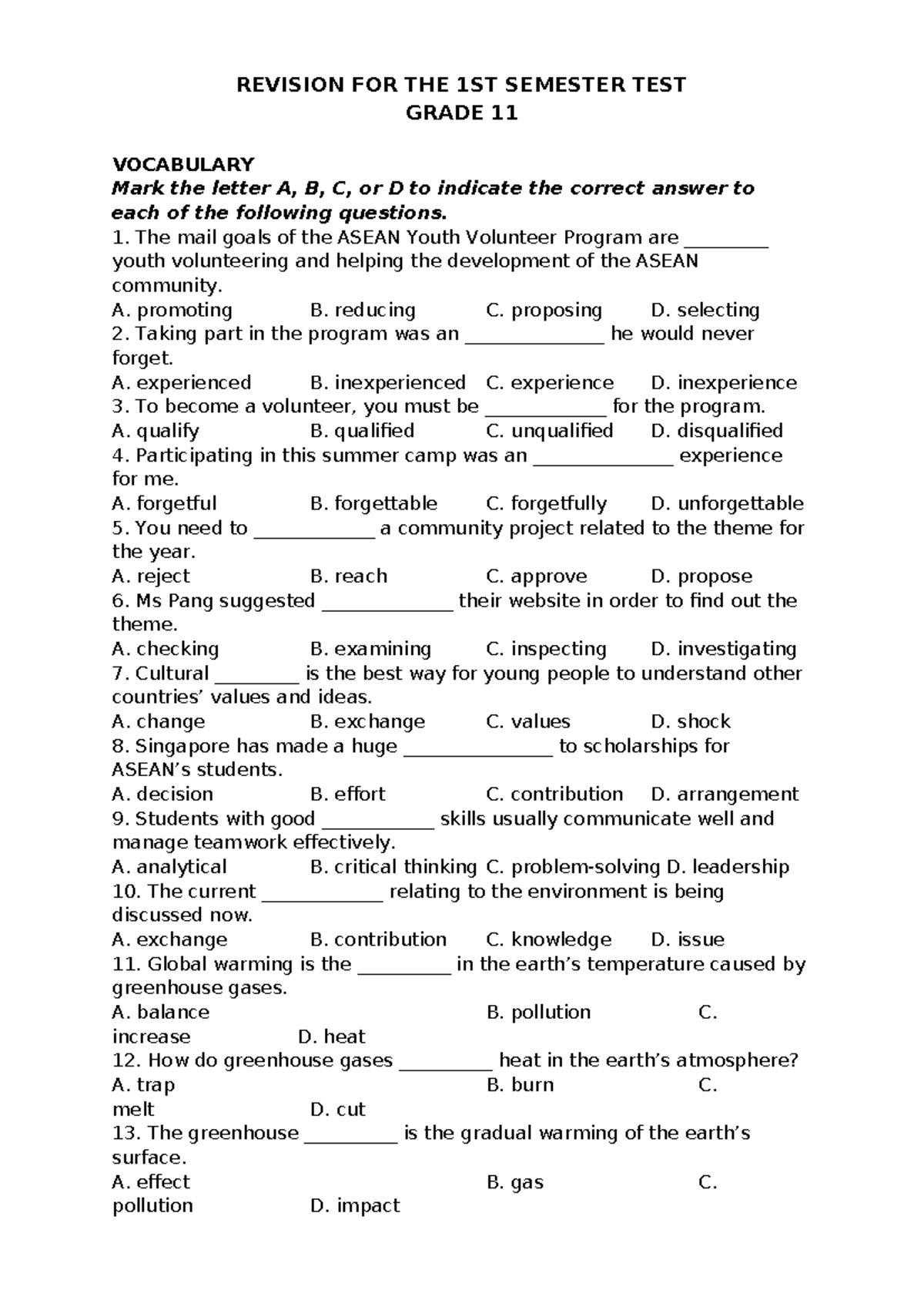 First Term Revision for Grade 11 Vocabulary and Grammar - Studocu