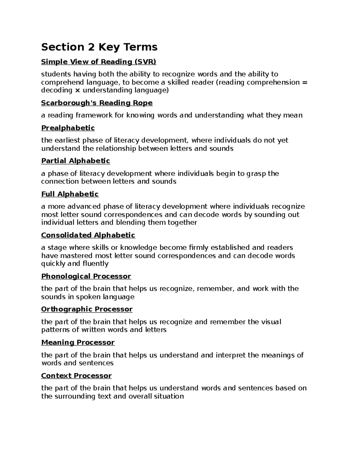 Section 2 Key Terms: Simple View of Reading (SVR) Framework - Studocu