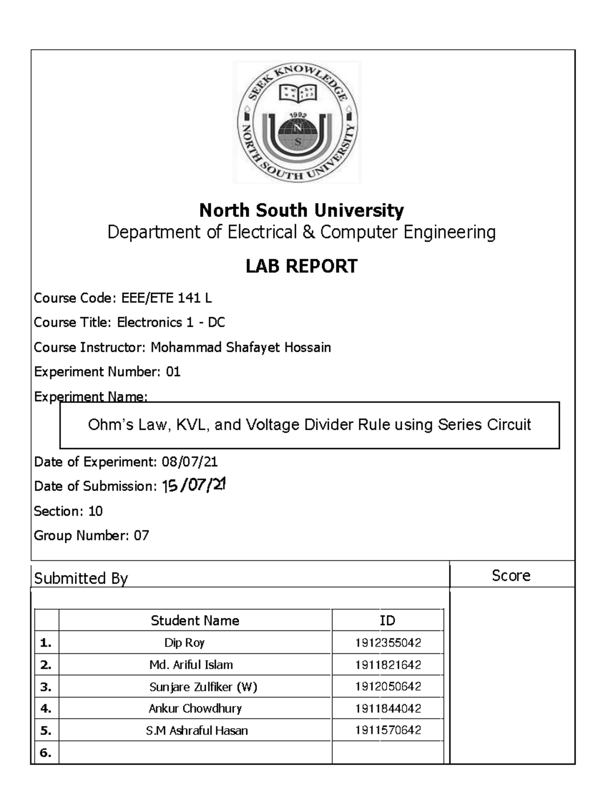 Lab Report 1 - North South University Department of Electrical ...