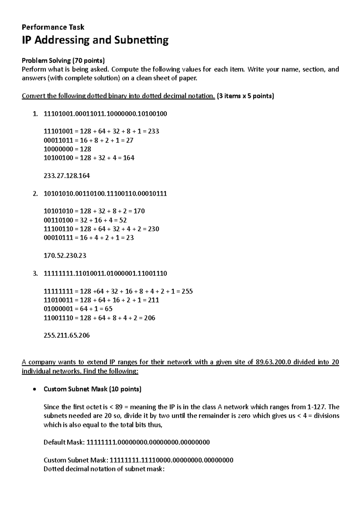 04 Performance Task 1 - IP Addressing & Subnetting Solutions - Studocu