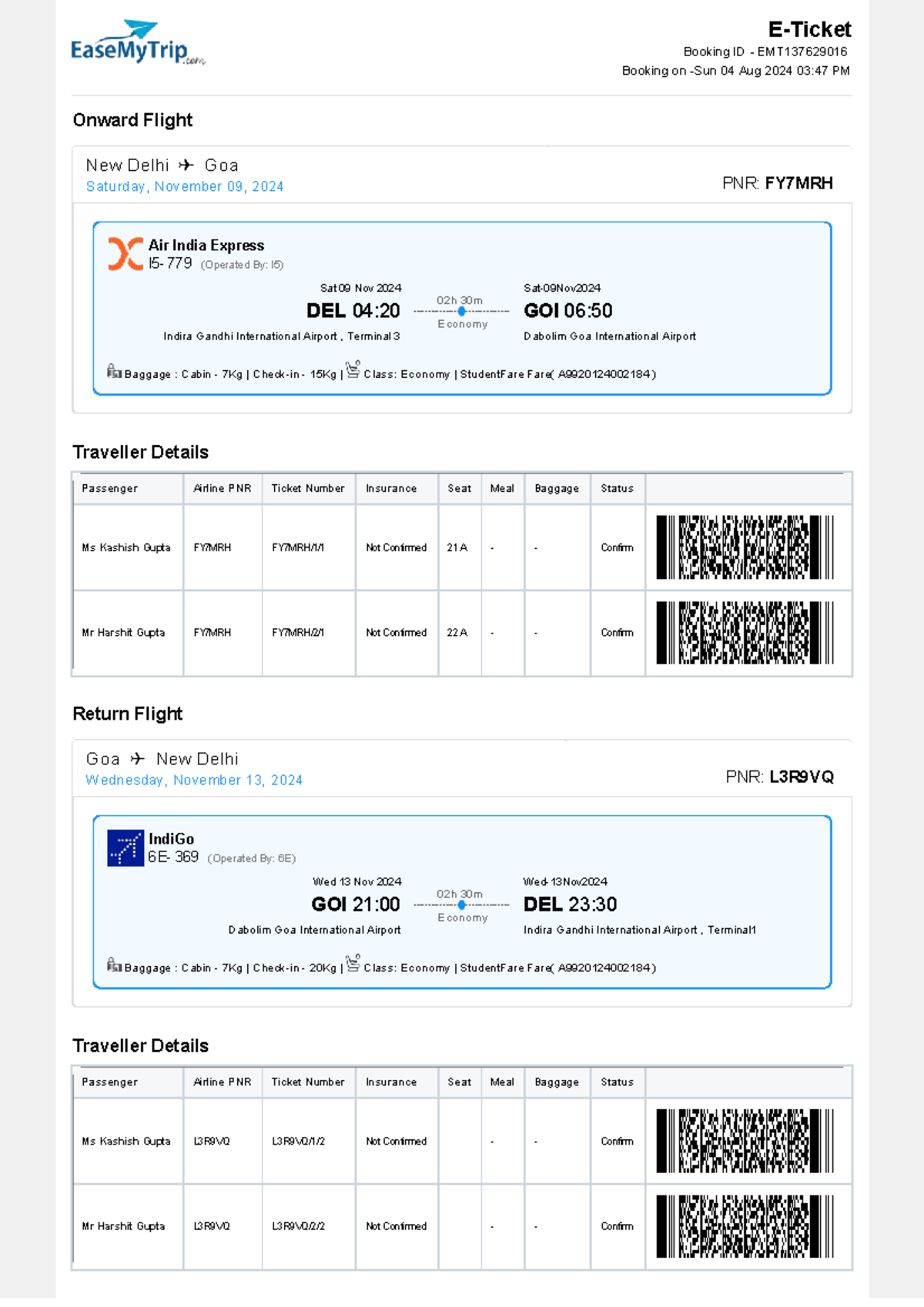 GOA Tickets Booking Details for EMT137629016 - Flight Itinerary - Studocu