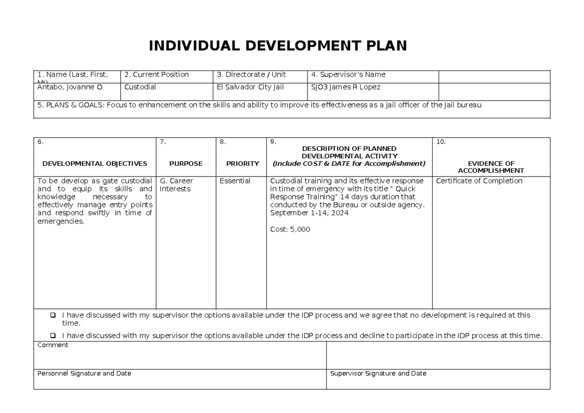 BJMP IDP Development Plan of Jovanne O. Antabo for 2024 - Studocu