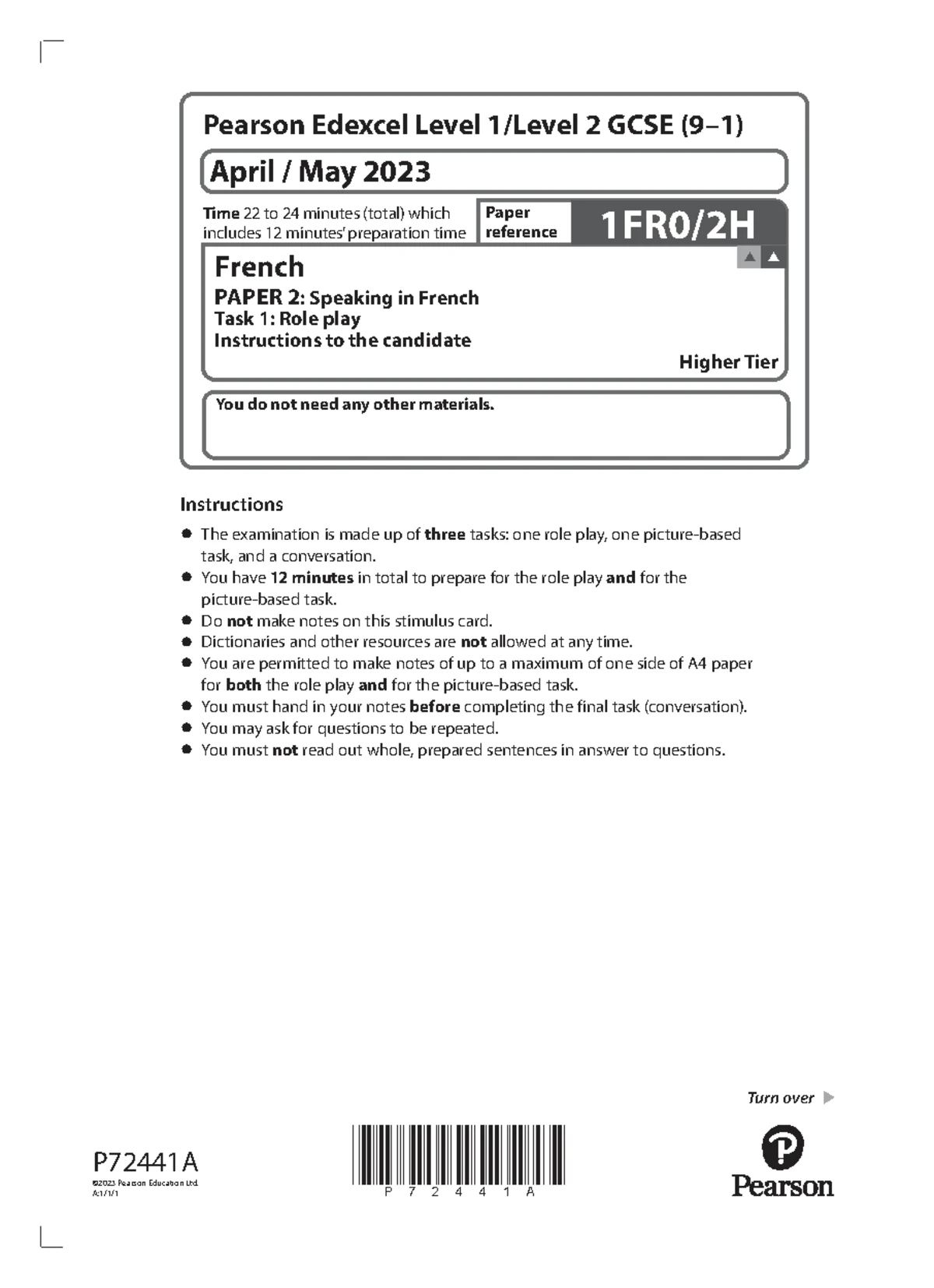P72453 GCSE French 1FR0 2H Speaking Role Play Instructions - Studocu