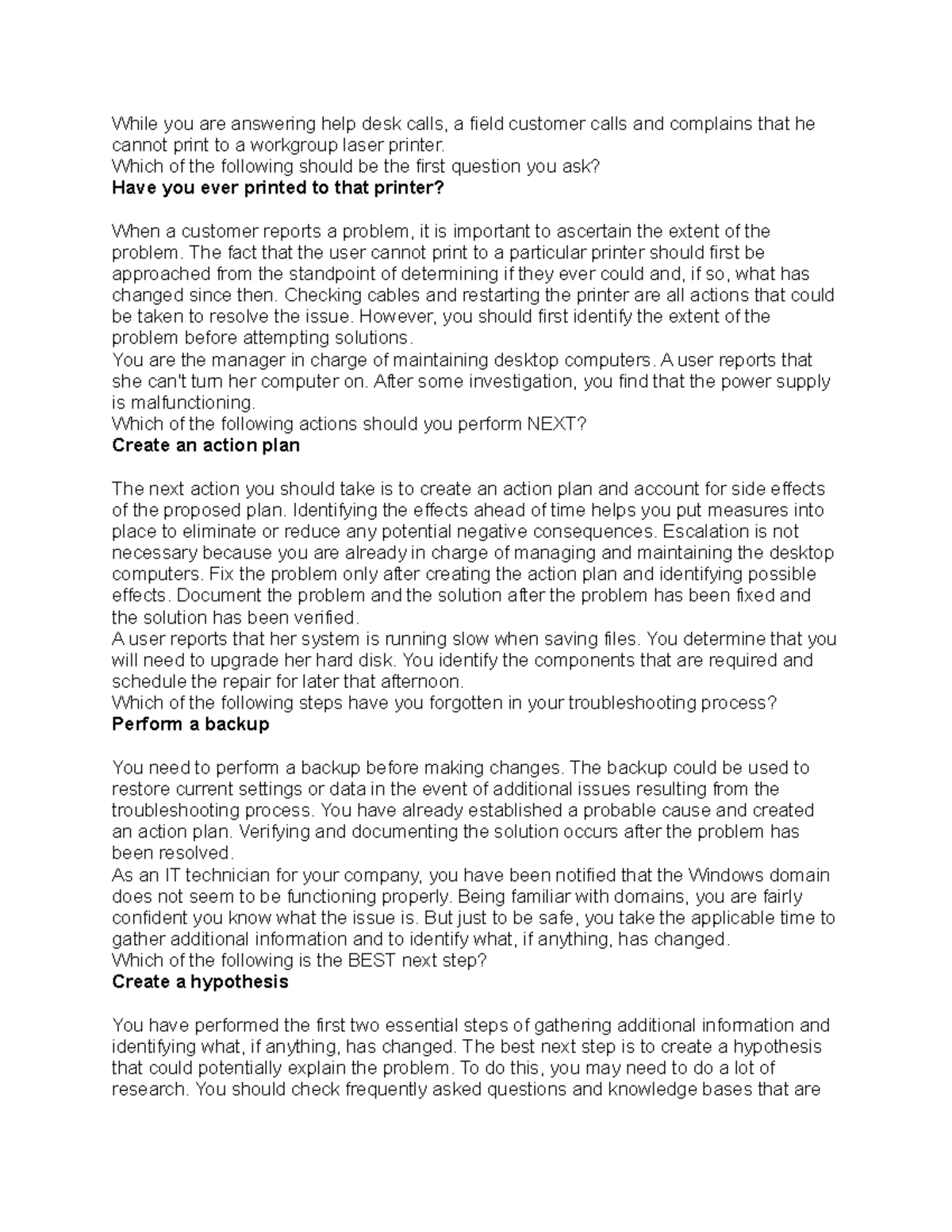 IT Help Desk Troubleshooting Practice Questions (2.5.7) - Studocu