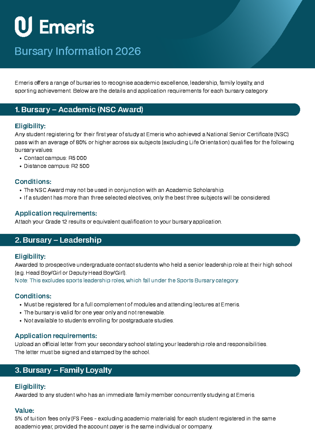 Emeris Bursary Info 2026: Academic, Leadership, Family & Sports - Studocu
