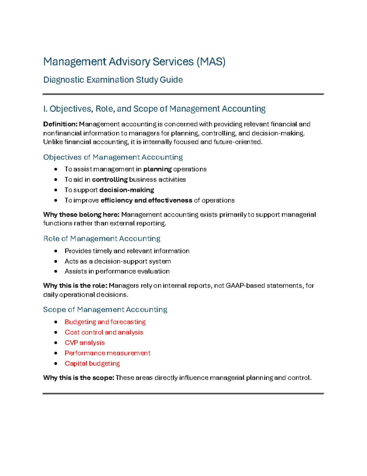 MAS Diagnostic Exam Study Guide I: Management Accounting Overview - Studocu
