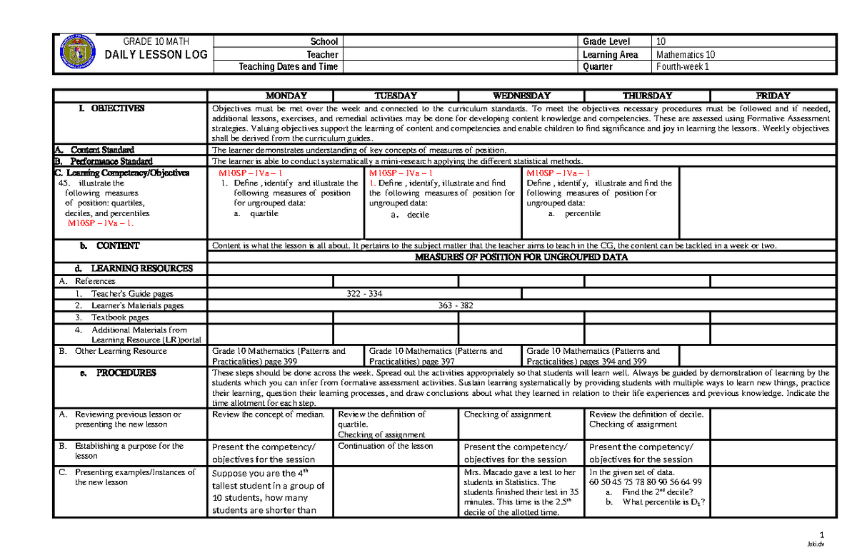 DLL-Mathematics-Grade 10-Quarter 4-Week1-Palawan-Division 1 - GRADE 10 ...