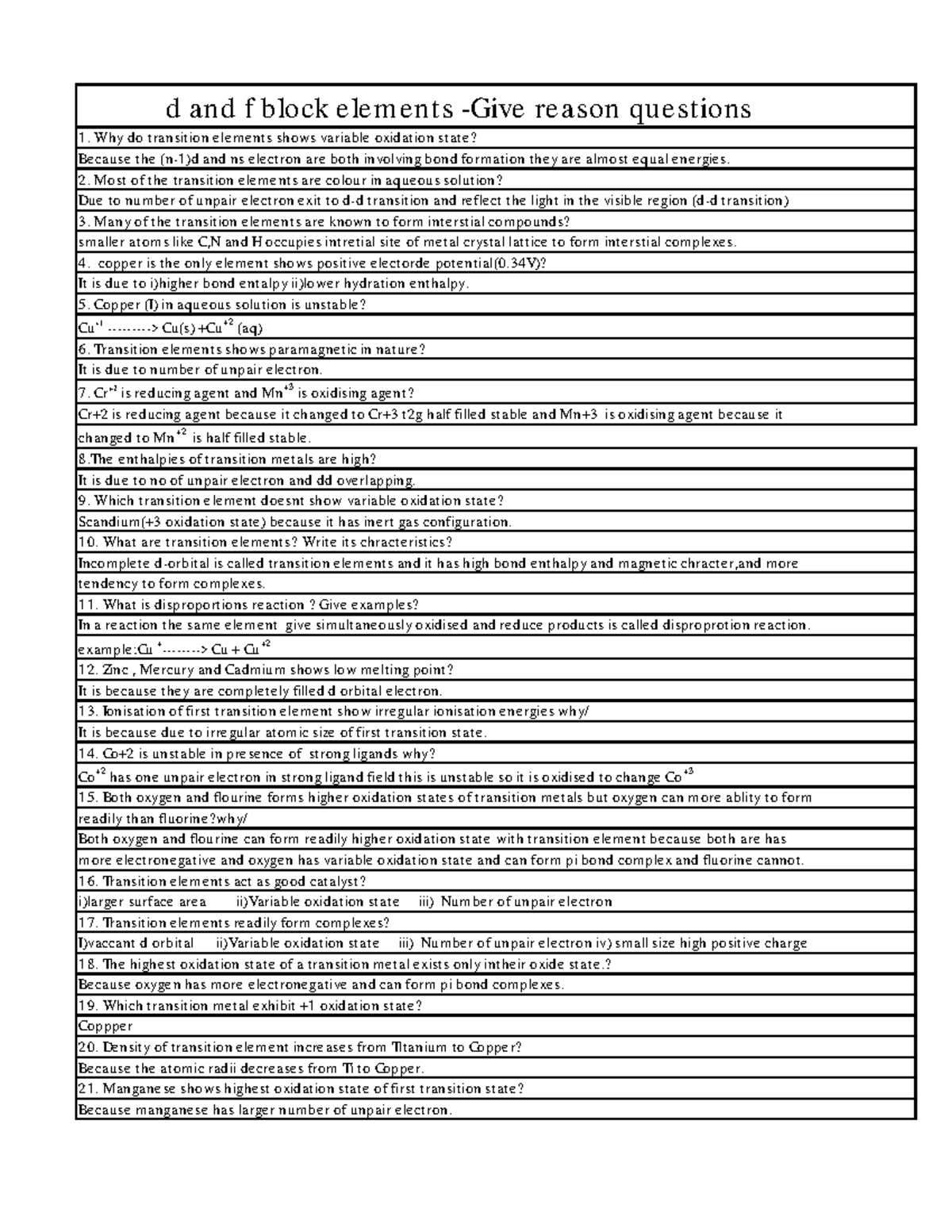 D and F Block Elements: Key Questions and Answers - Studocu