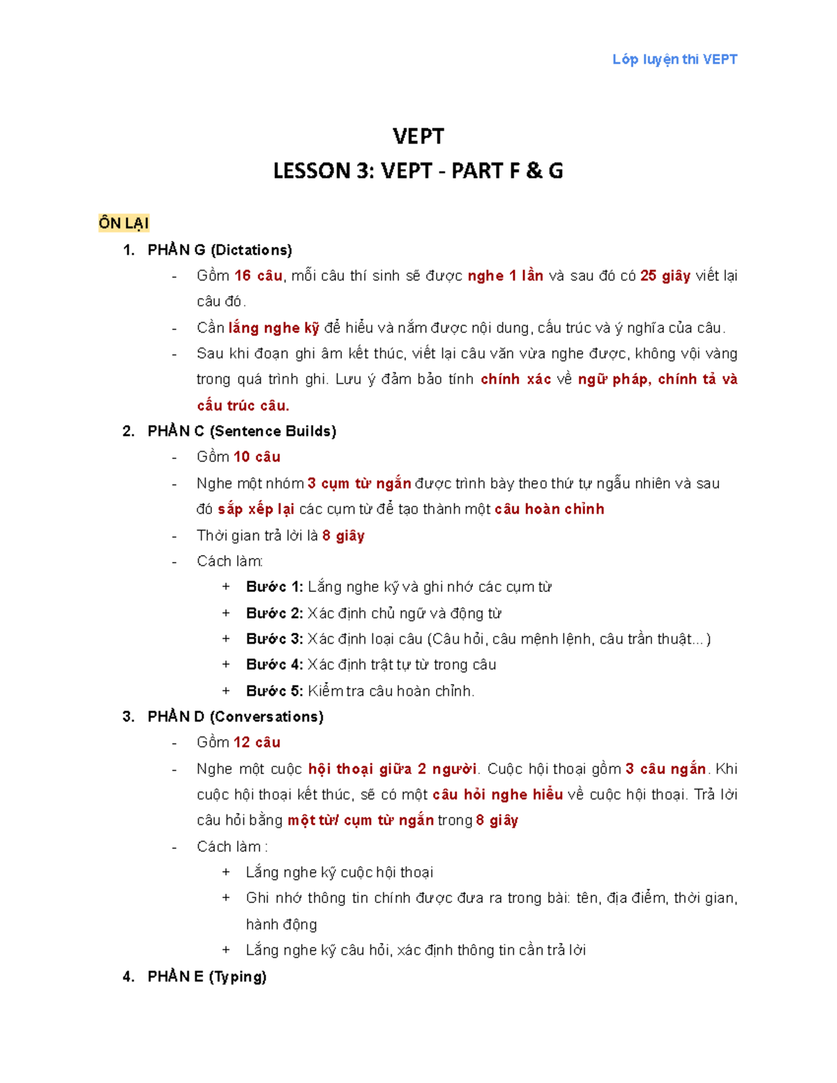 VEPT L3: Ôn Tập Phần G và Các Kỹ Năng Nghe Hiểu - Studocu