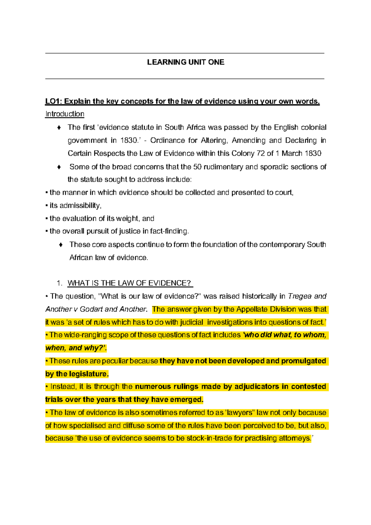 Learning Unit One: Key Concepts of the Law of Evidence - Studocu
