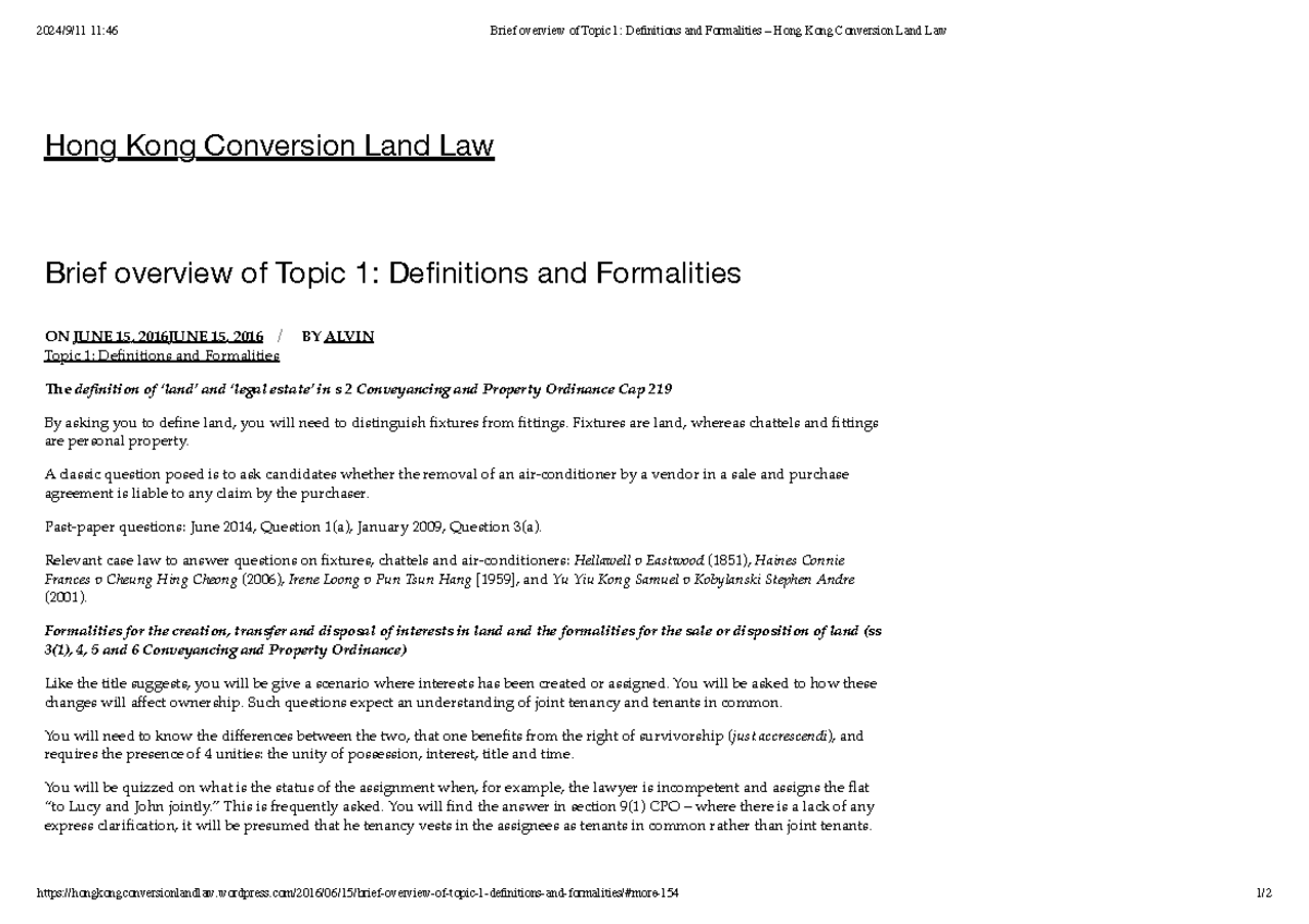 Topic 1 Definitions & Formalities in HK Conversion Land Law (2024 ...