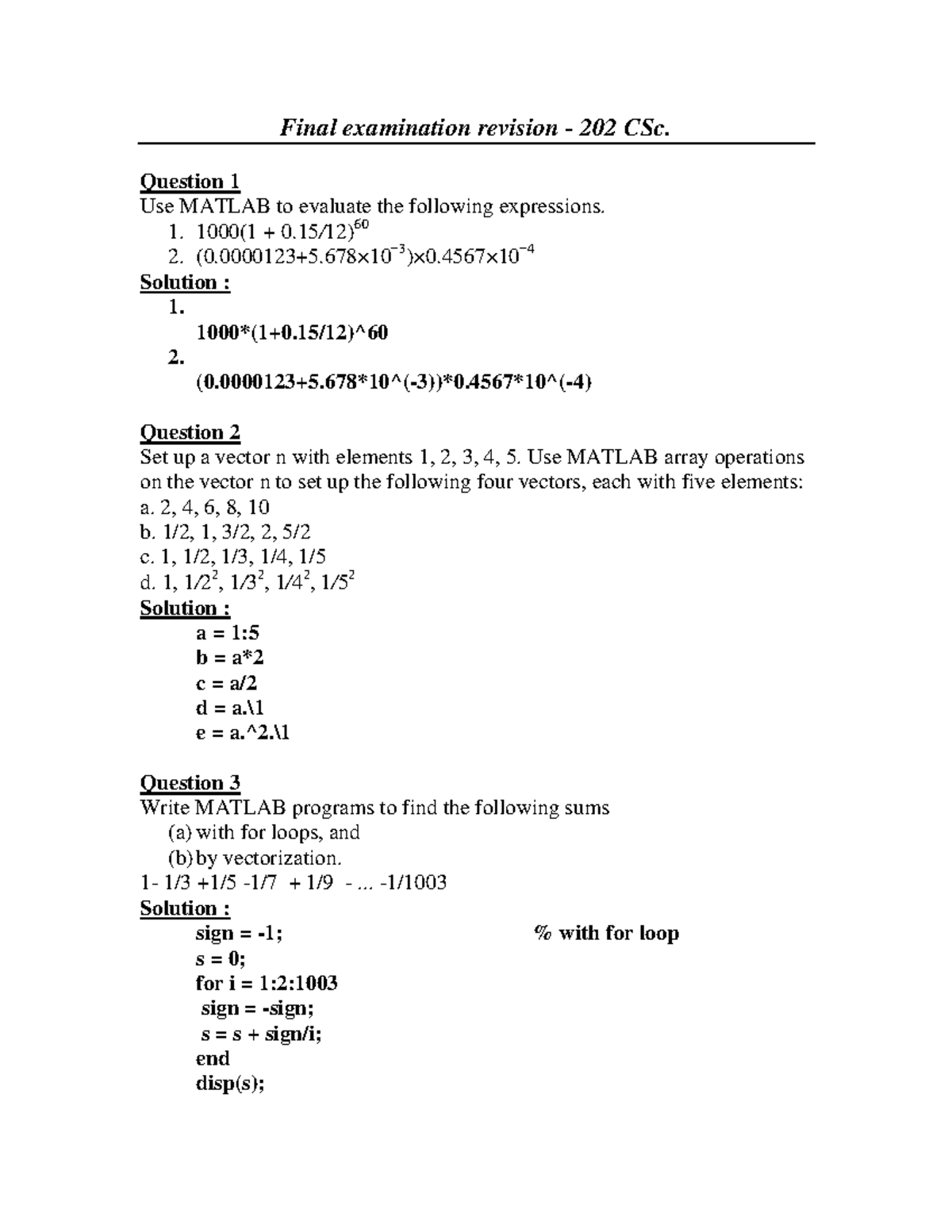 Final Exam Revision for 202 CSc: MATLAB Solutions and Concepts - Studocu
