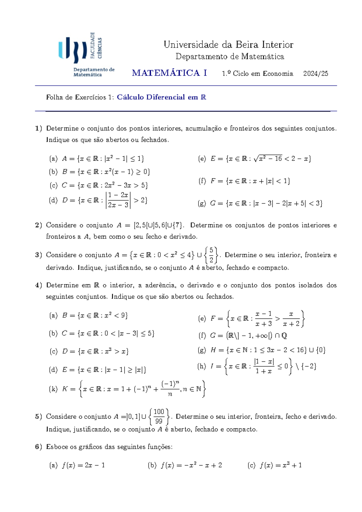 Folha de Exercícios 1 - Cálculo em R (Parte I) - Universidade da Beira