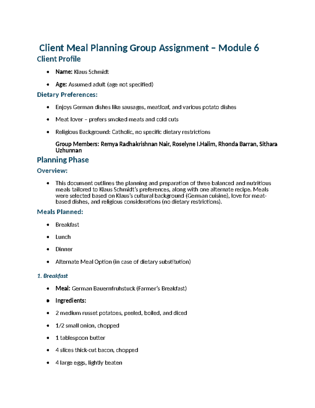 Module 6 Assignment 2: Client Meal Planning for Klaus Schmidt - Studocu