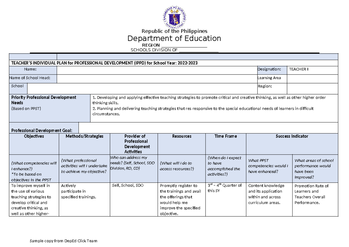 Individual Plan for Professional Development (IPPD) - 2022-2023 - Studocu