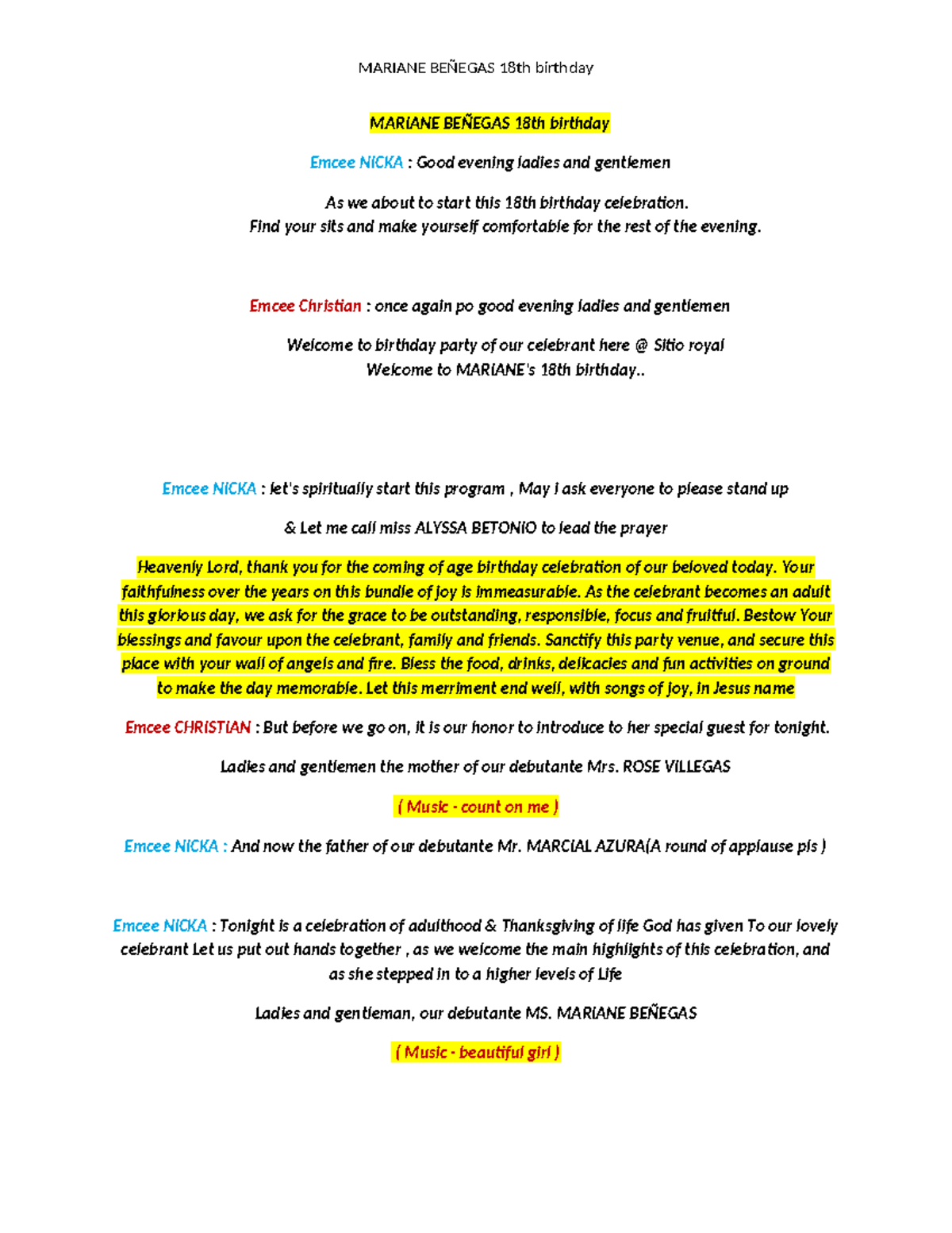 MARIANE BEÑEGAS 18th Birthday Celebration Script - Studocu