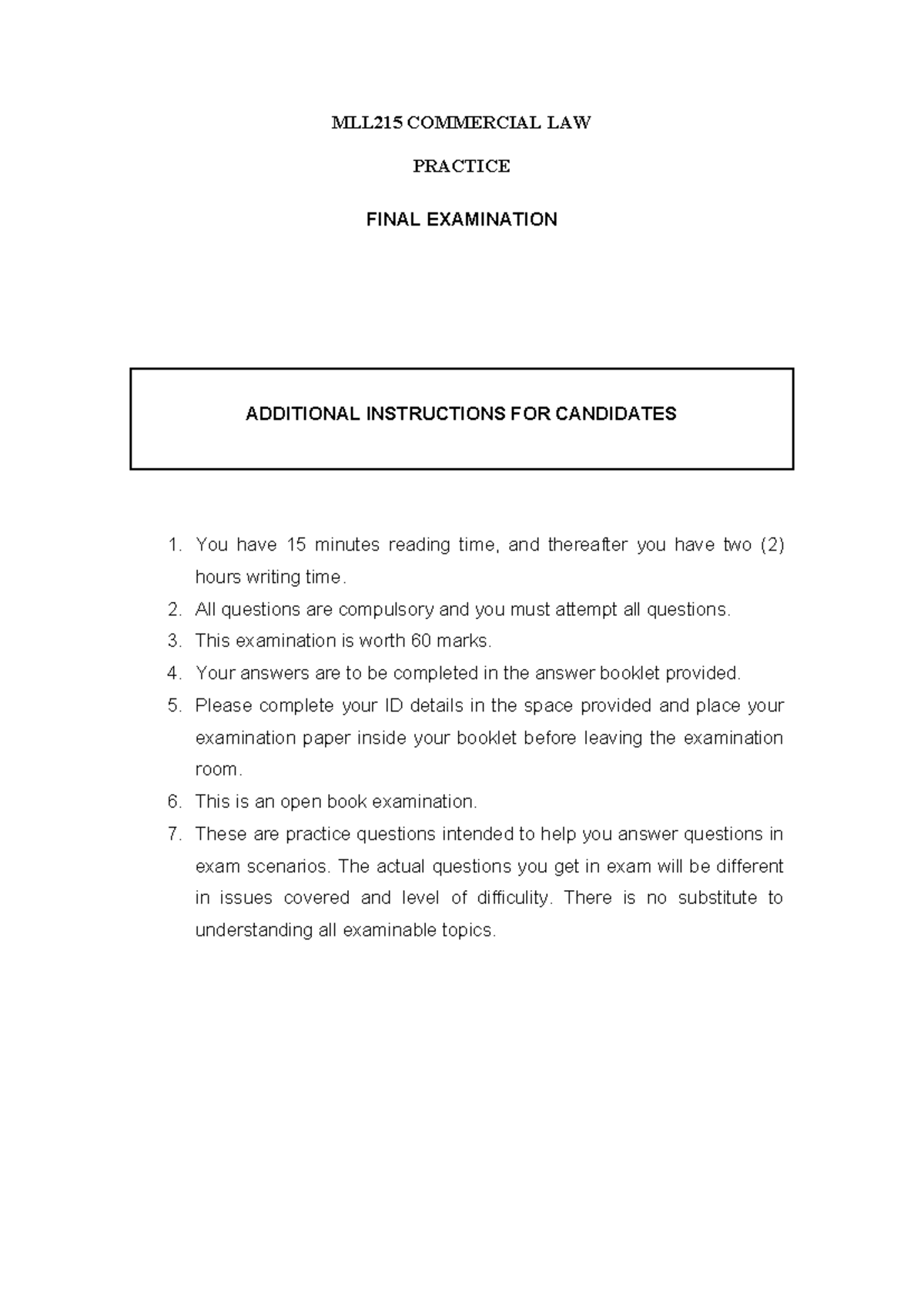 MLL215 Practice Exam: Commercial Law Final Examination Guide - Studocu