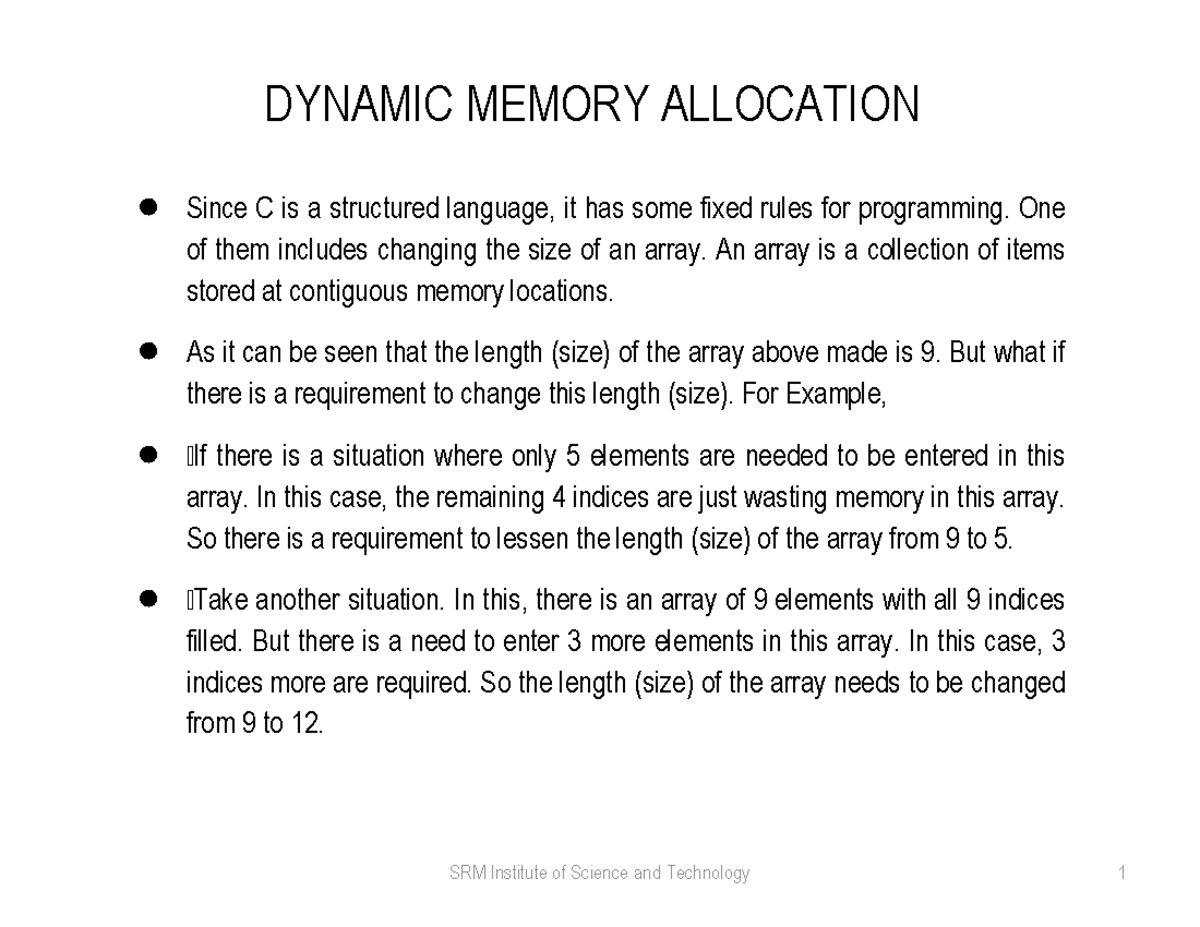C Programming Lecture: U1 Dynamic Memory Allocation Explained - Studocu