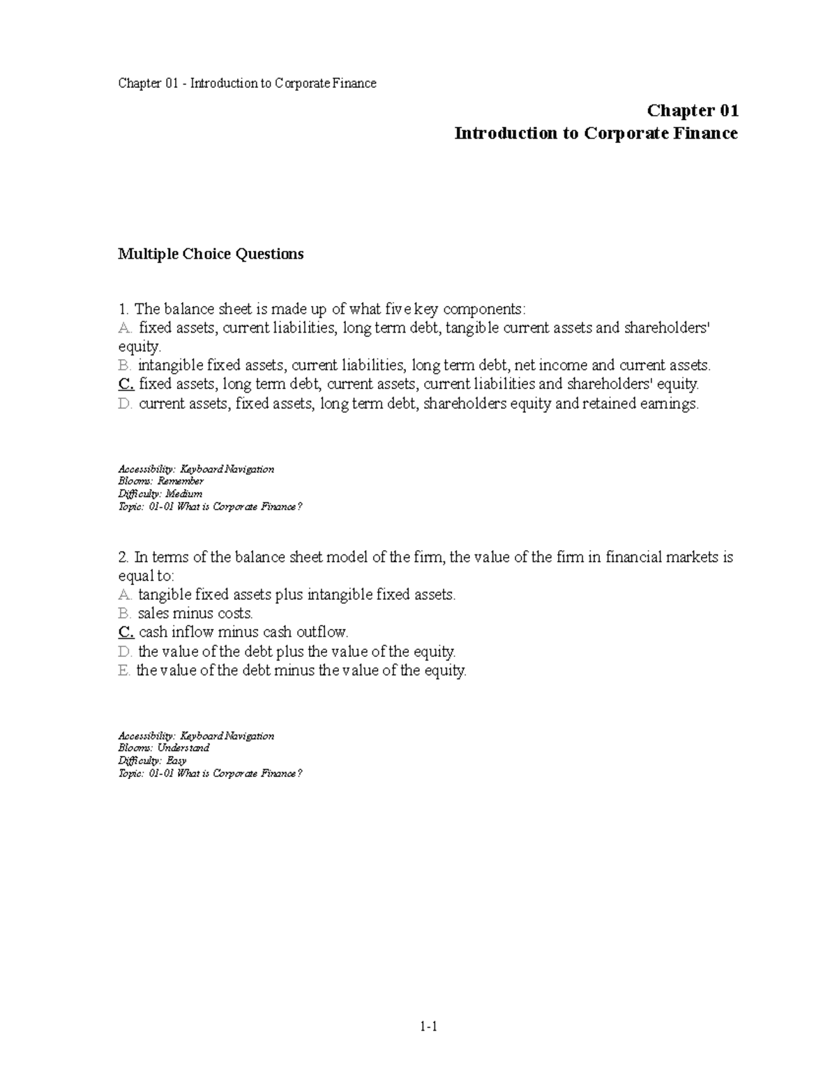 Test Bank Chapter 1 - Chapter 01 Introduction to Corporate Finance ...