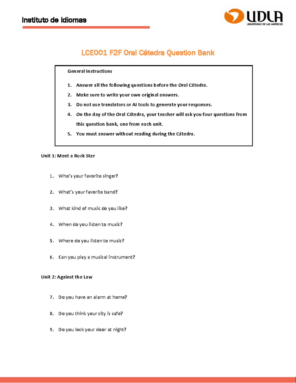 LCE001 F2F Oral Cátedra Question Bank: General Instructions - Studocu