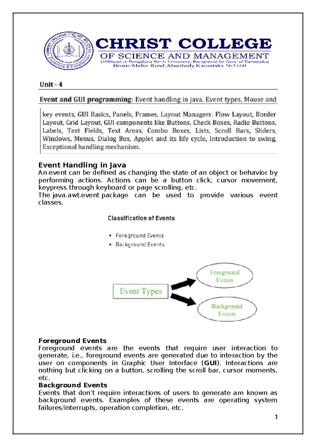 Java Unit IV: Event Handling and GUI Components Overview - Studocu