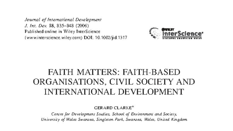 Faith Matters: FBOs and Their Role in International Development (J. Int ...