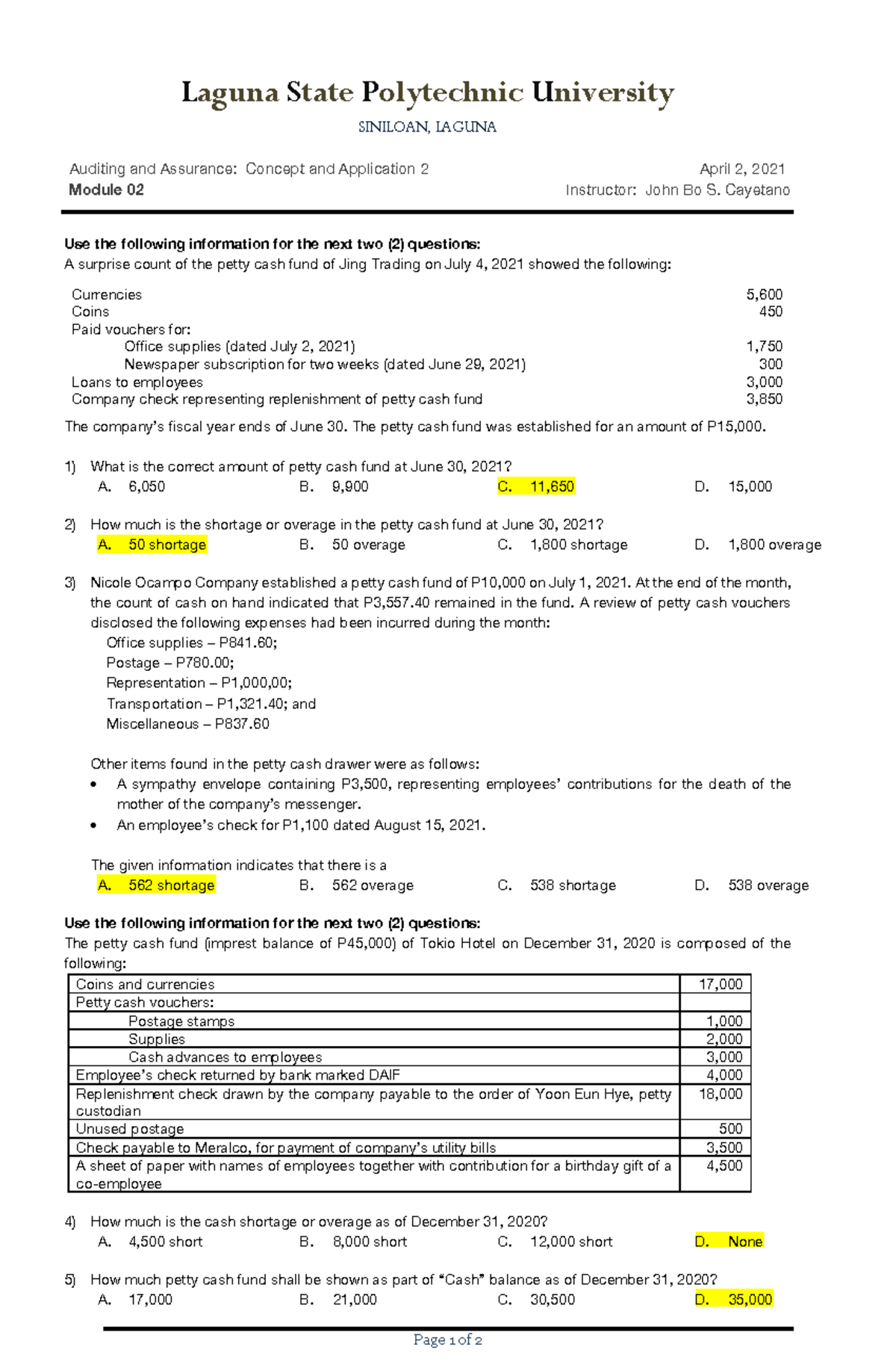 ASSIGNMENT 02: Analysis of Petty Cash Fund - Auditing and Assurance -  Studocu