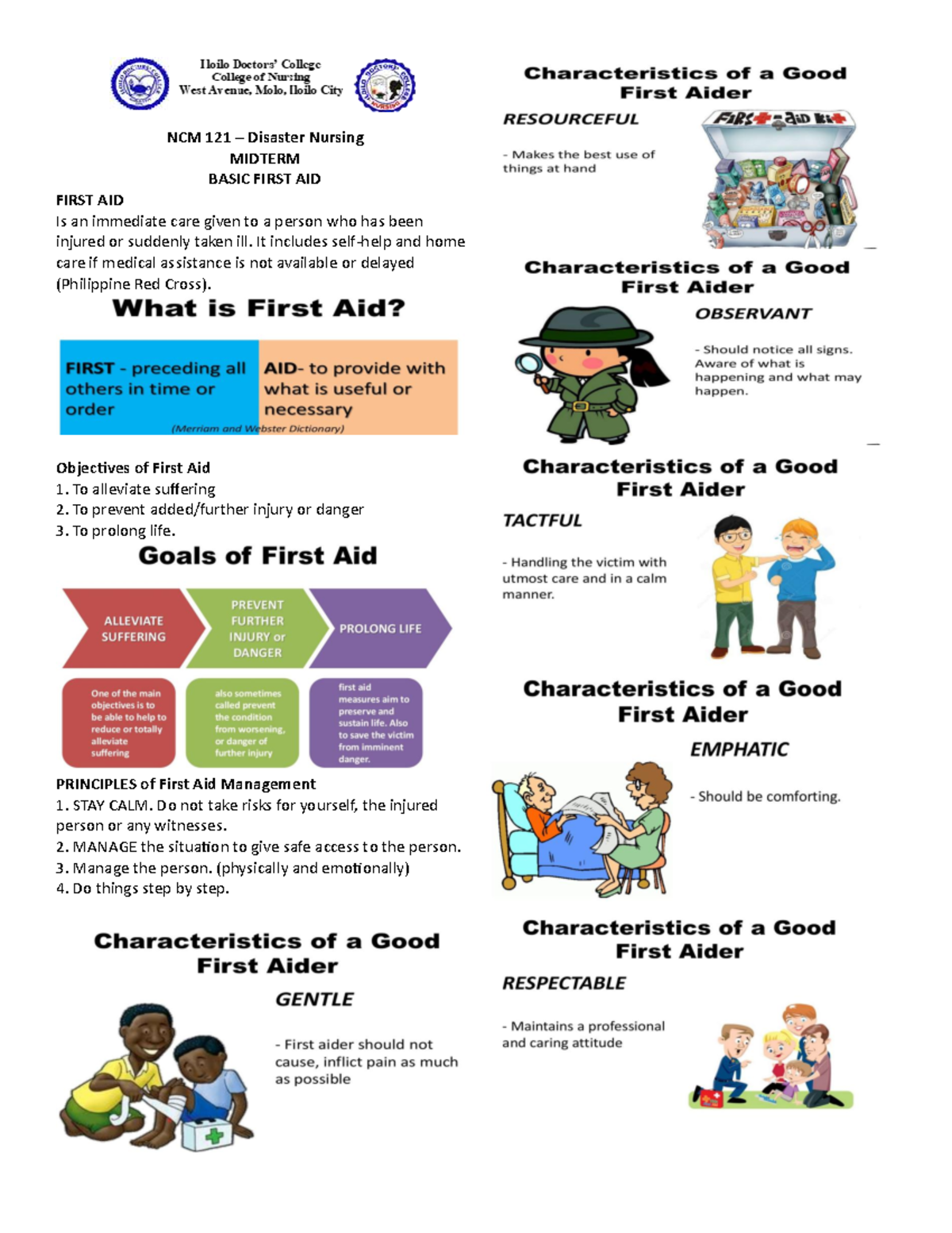 NCM 121 Disaster Nursing Midterm: Essential First Aid Skills - Studocu