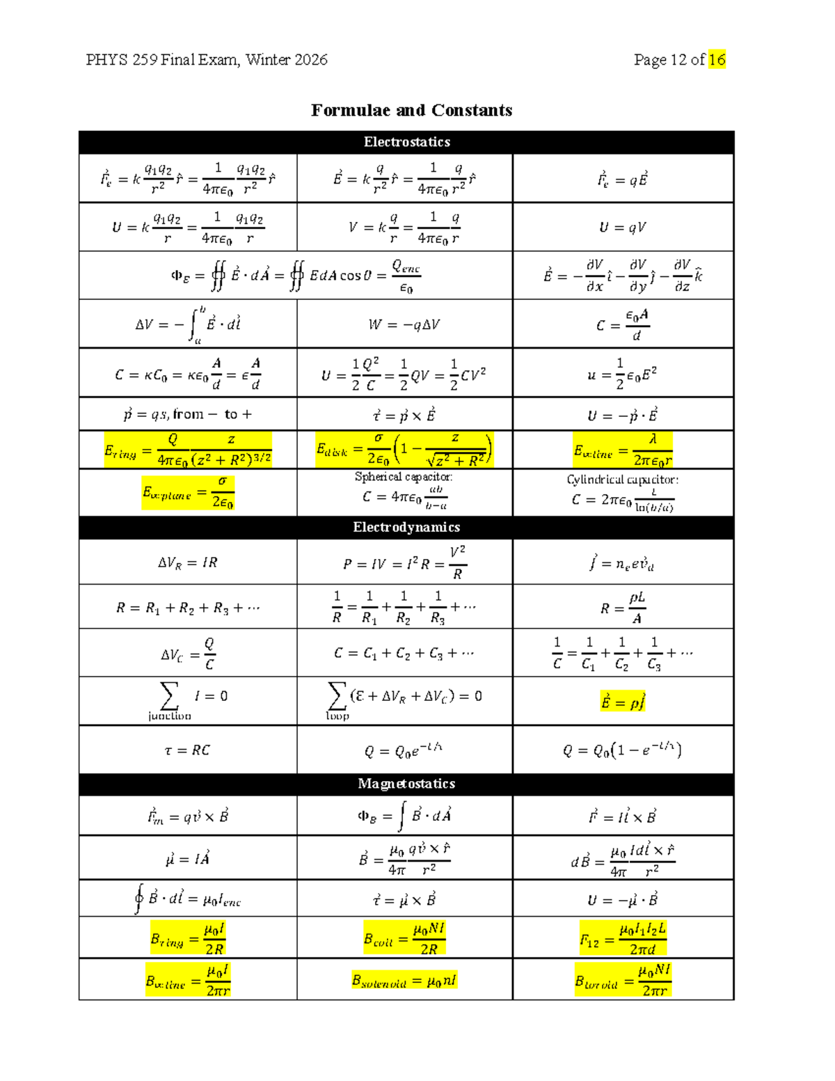 PHYS 259 Final Exam Formula Sheet - Electrostatics & Magnetostatics ...
