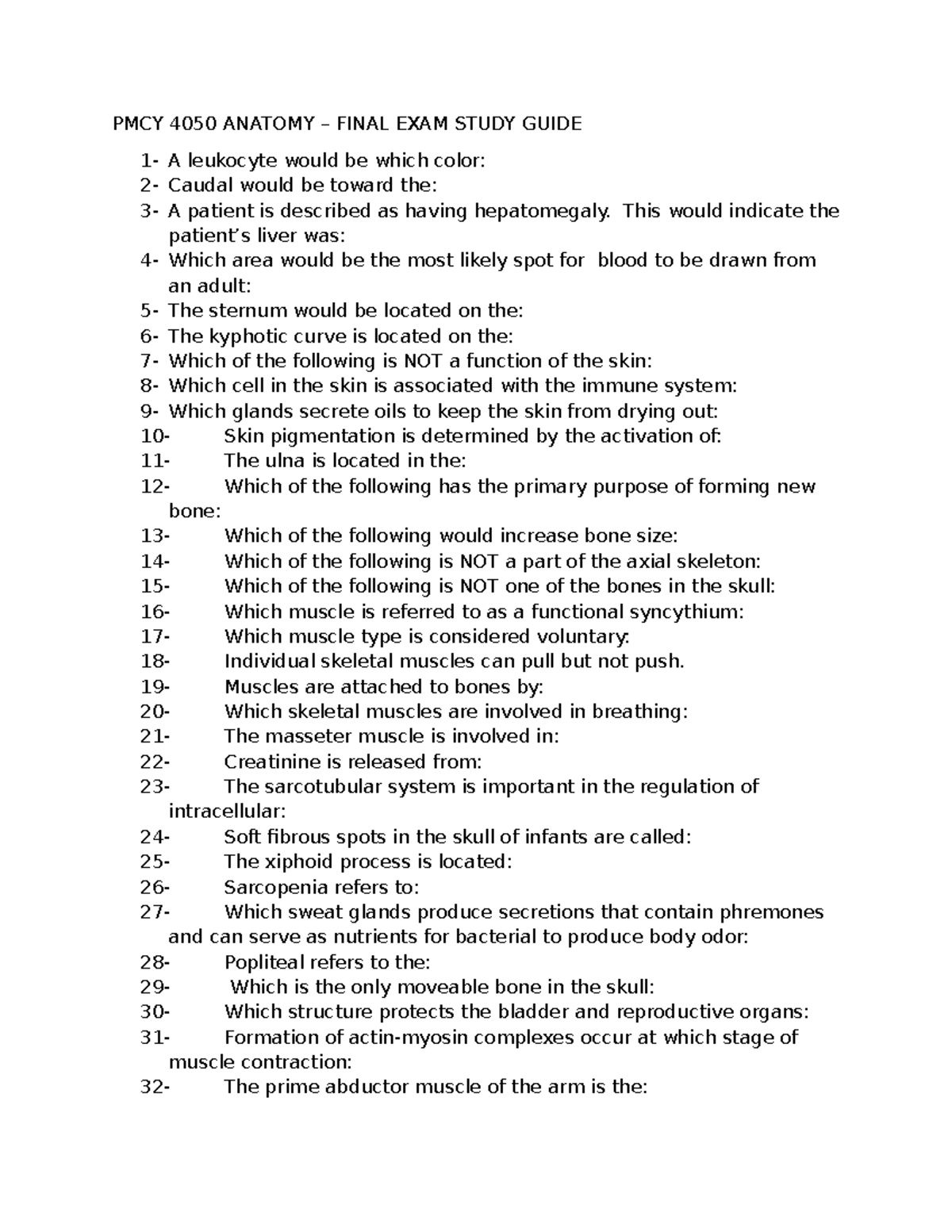 PMCY 4050 Anatomy Final Exam Study Guide 2025 - Studocu