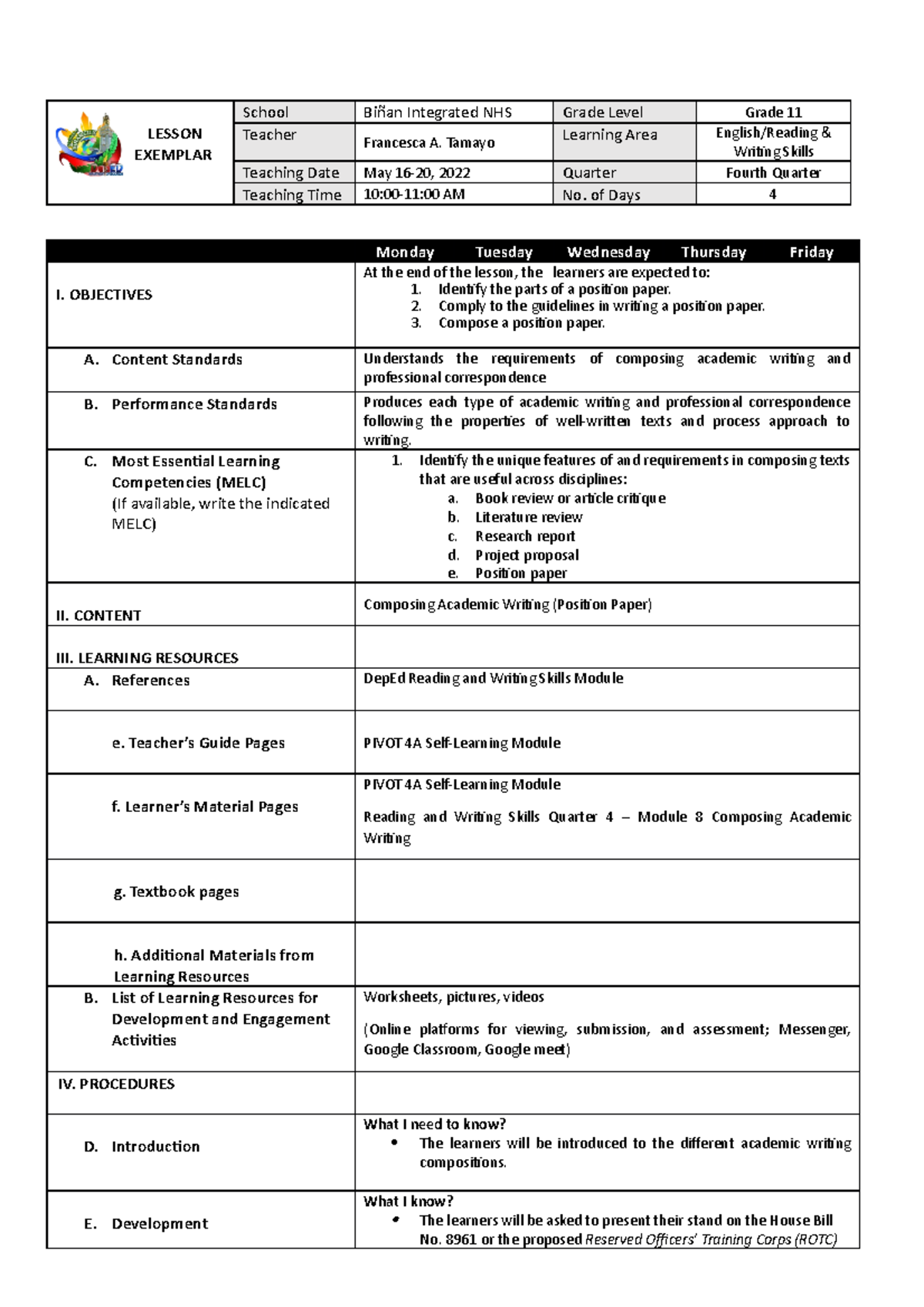 COT 1 - Lesson Exemplar on Position Paper for Grade 11 Writing Skills ...