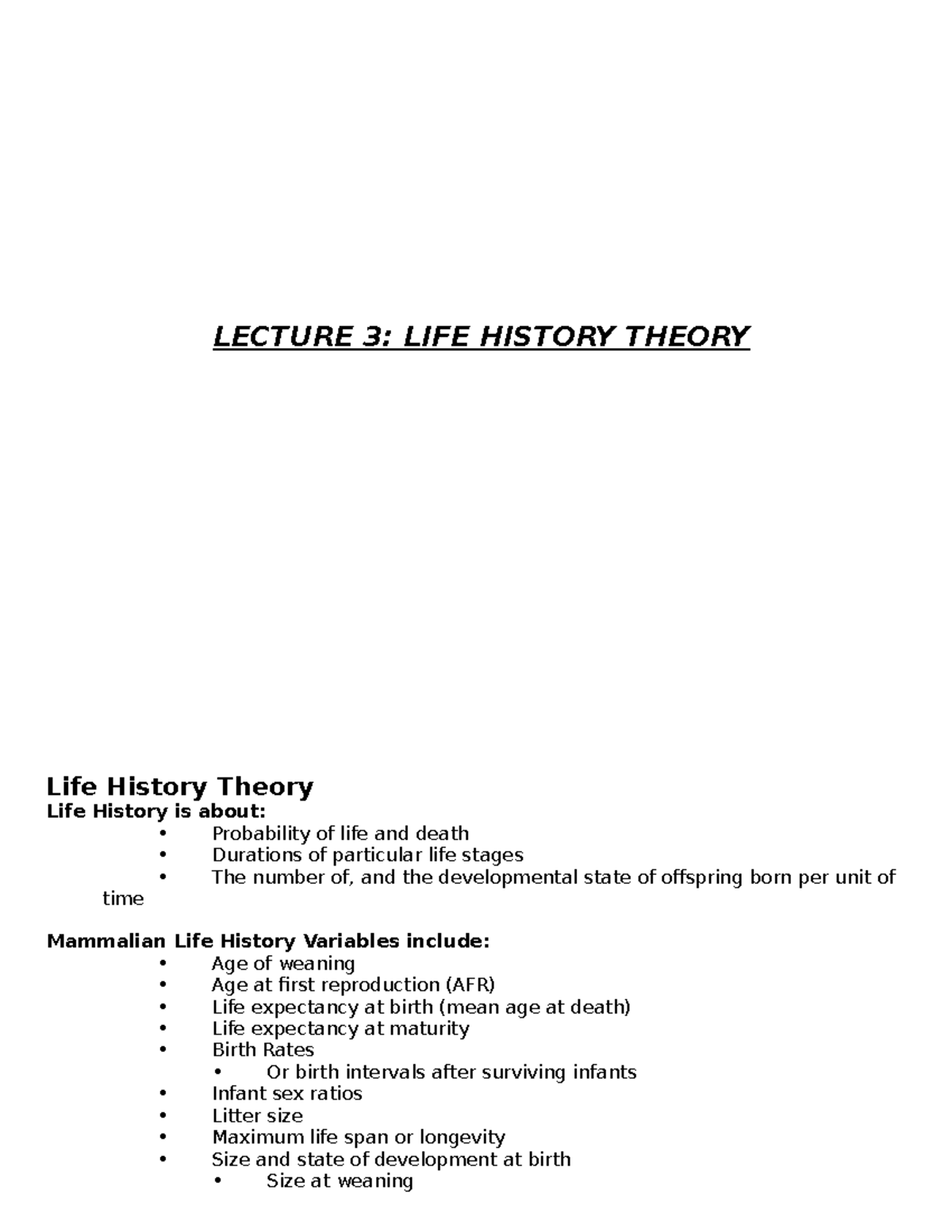 L3: Life History Theory - Key Concepts and Comparative Patterns - Studocu