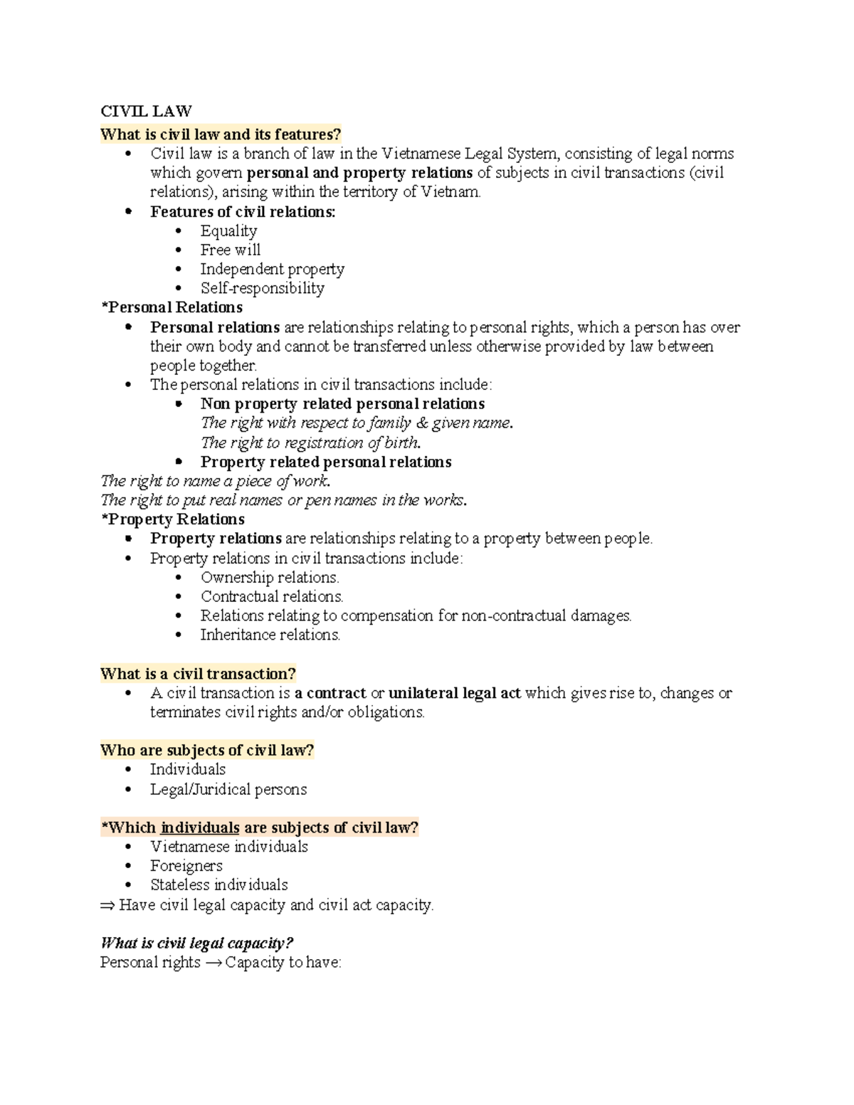 CIVIL LAW - Final Exam Study Guide and Key Concepts - Studocu