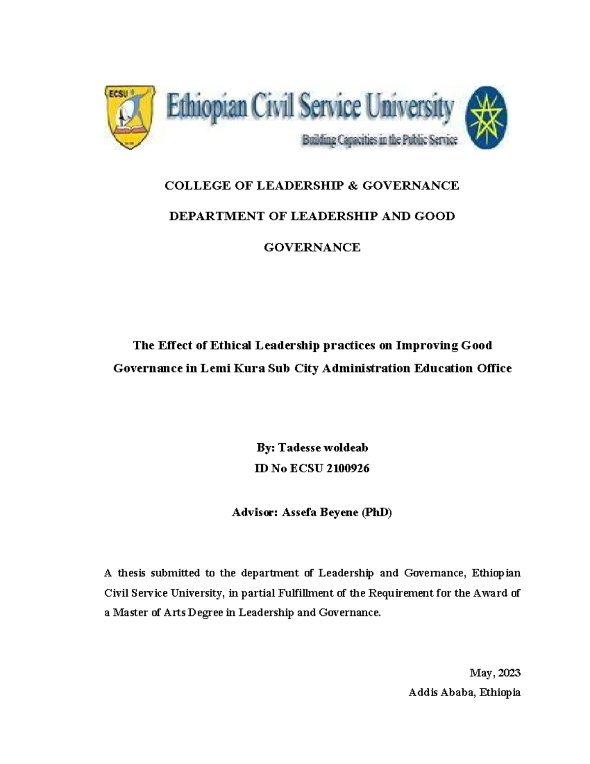The Impact of Ethical Leadership on Good Governance in Lemi Kura Sub ...