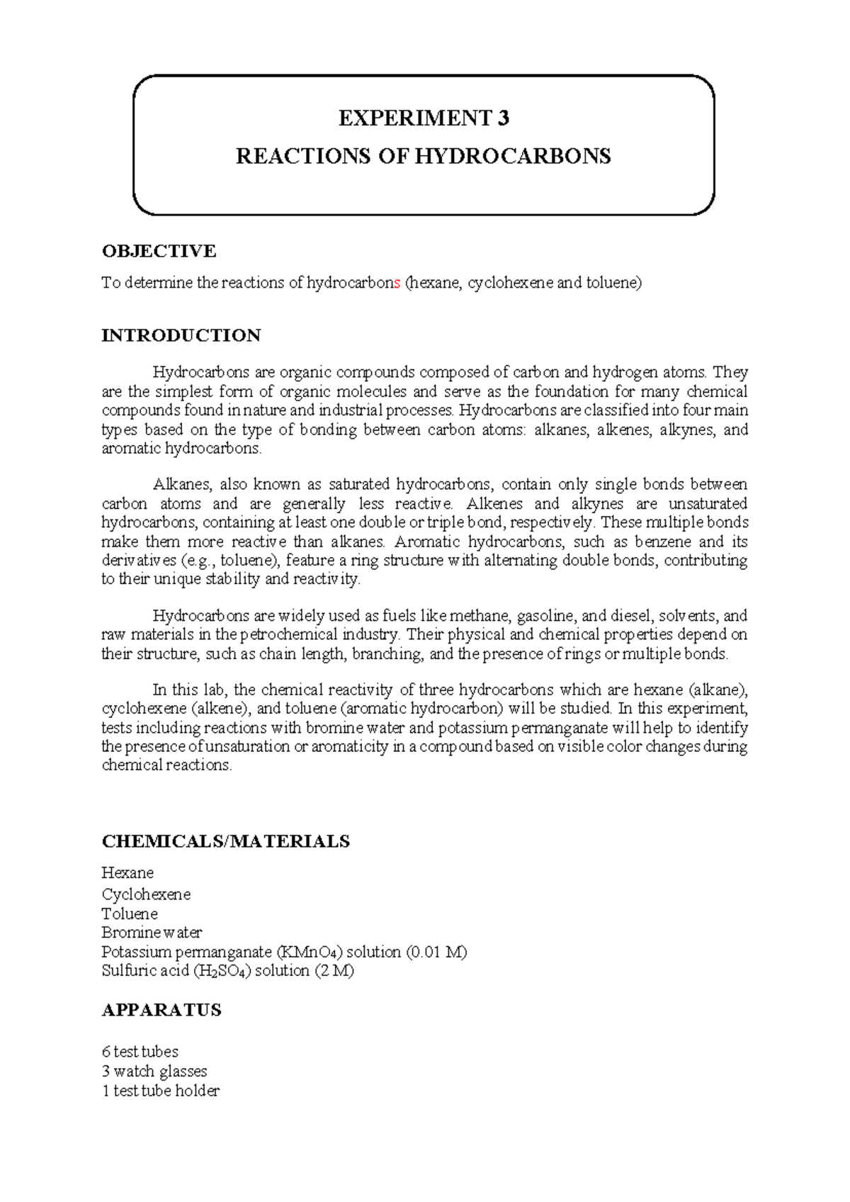 LAB Report CHM 207: Experiment 3 - Reactions of Hydrocarbons - Studocu