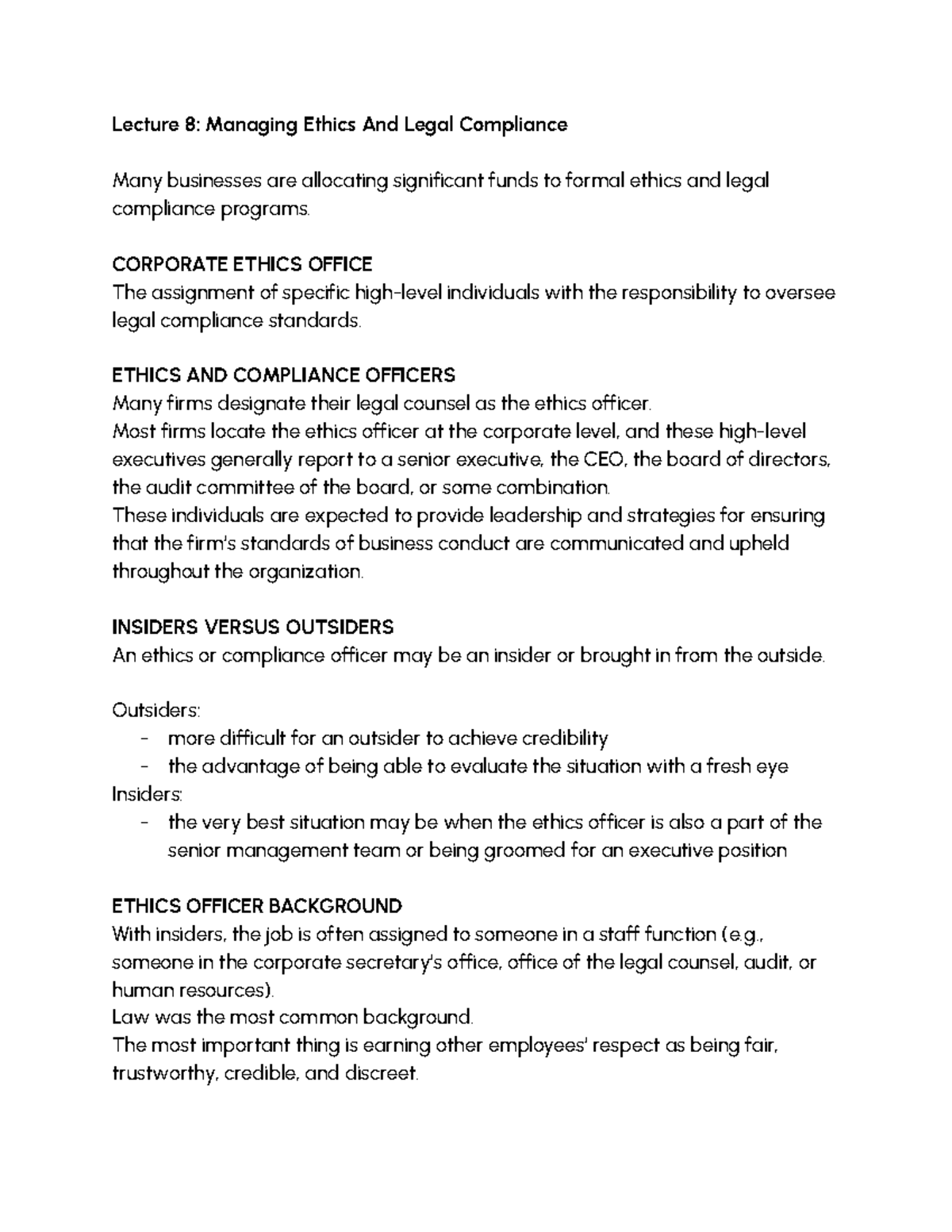 Business Ethics Notes 2 - Lecture 8 - Lecture 8: Managing Ethics And ...