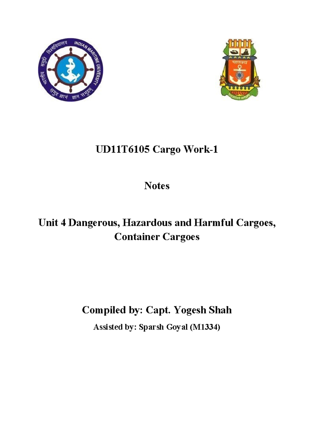 UD11T6105 Cargo Notes: Unit 4 on Dangerous and Hazardous Cargoes - Studocu