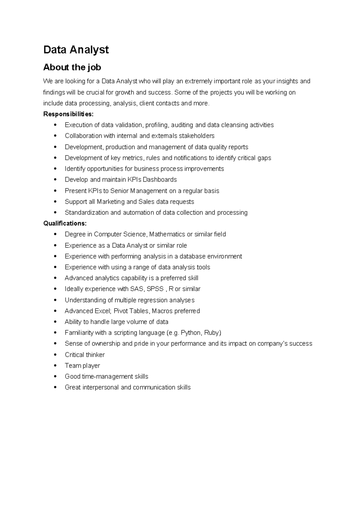 Data Analyst Job Description and Responsibilities - rrrr - Studocu