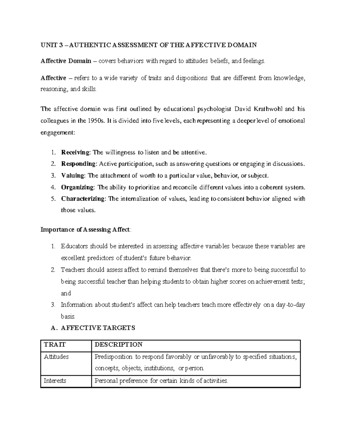 UNIT 3 - Authentic Assessment of the Affective Domain - Studocu
