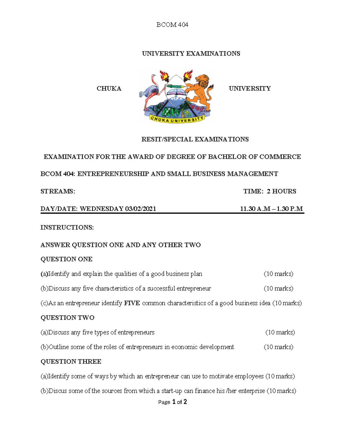 BCOM 404 - Entrepreneurship Exam Revision Notes for Resit - Studocu