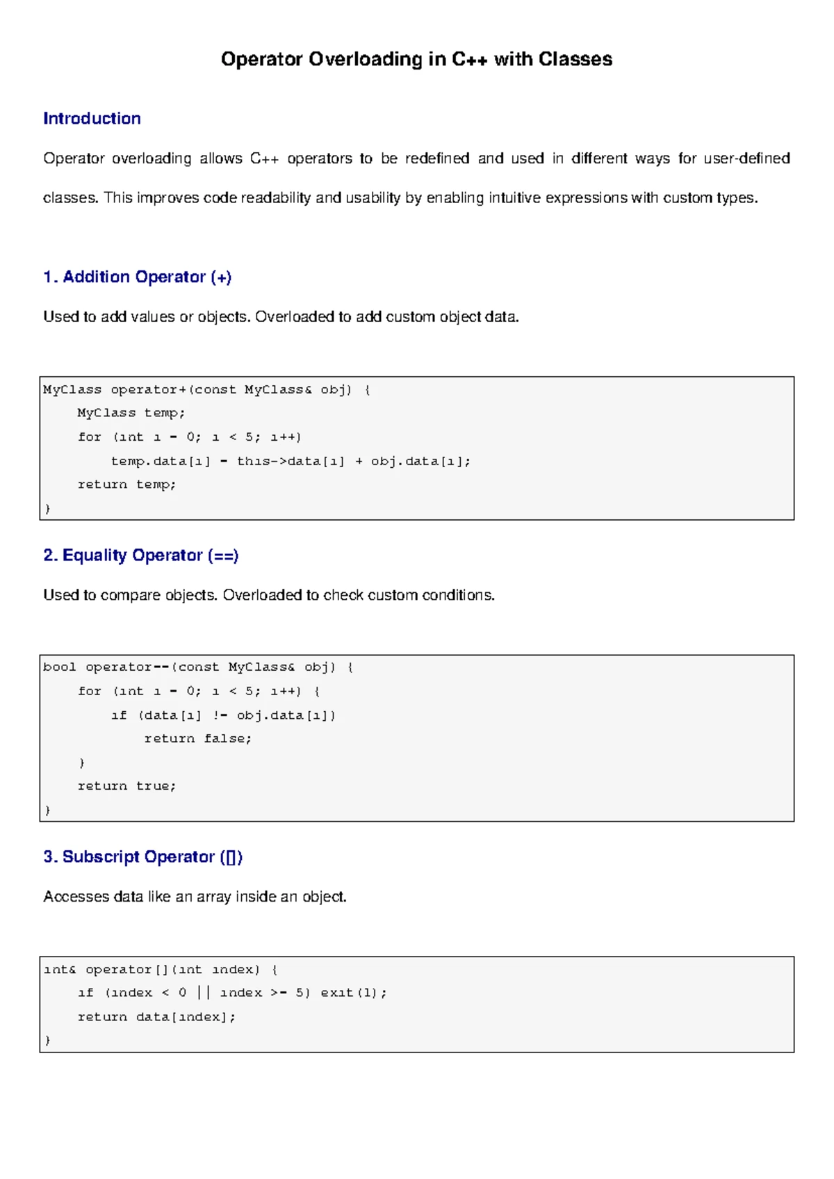 C++ Operator Overloading: Comprehensive Examples and Explanations - Studocu