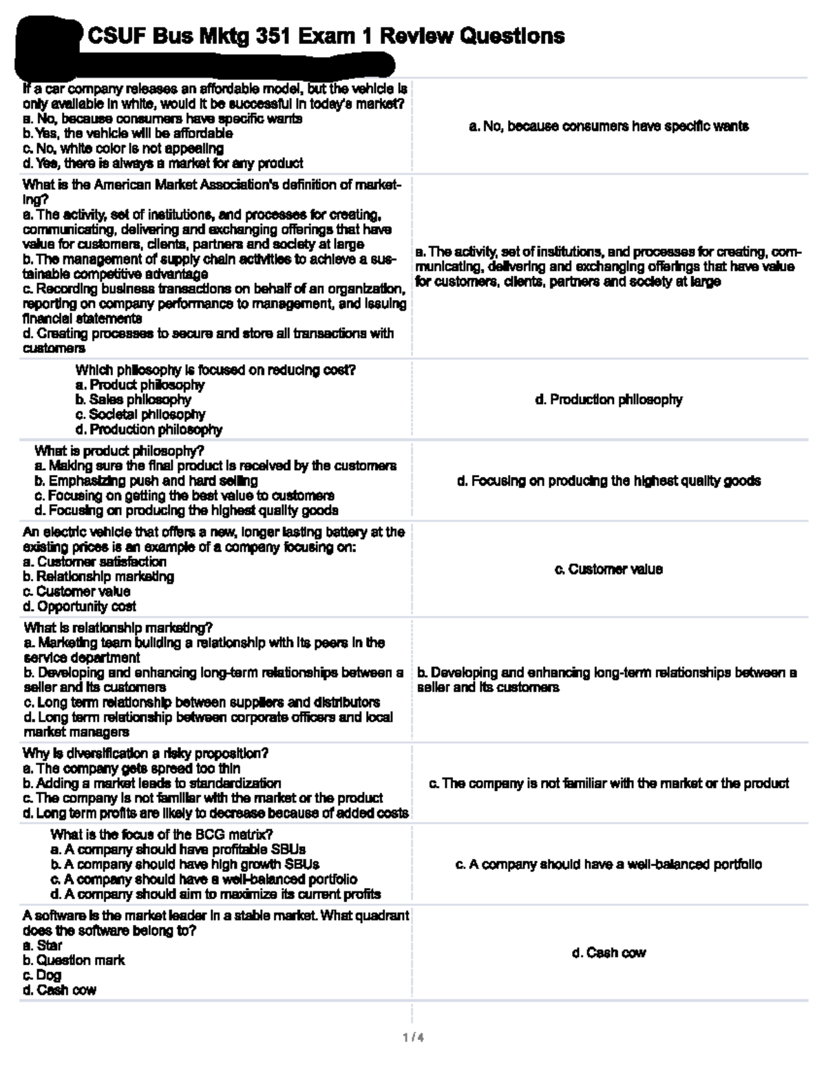 Mktg 351 Exam 1 Review: Practice Materials & Key Concepts - Studocu