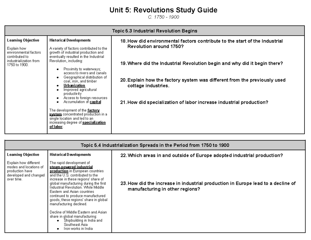 Unit 5 Study Guide, pt. 2 - Unit 5: Revolutions Study Guide C. 1750 ...
