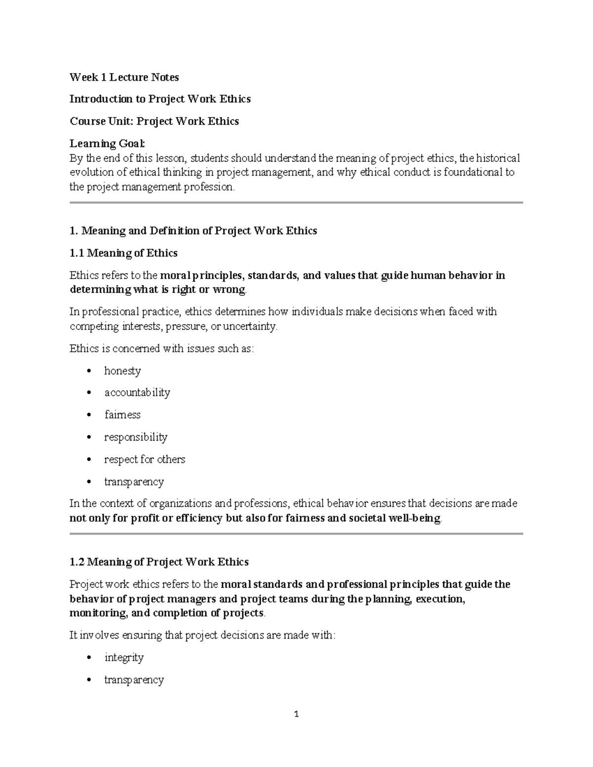 Project Work Ethics: Week 1 Lecture Notes (Course Unit: PWE101) - Studocu