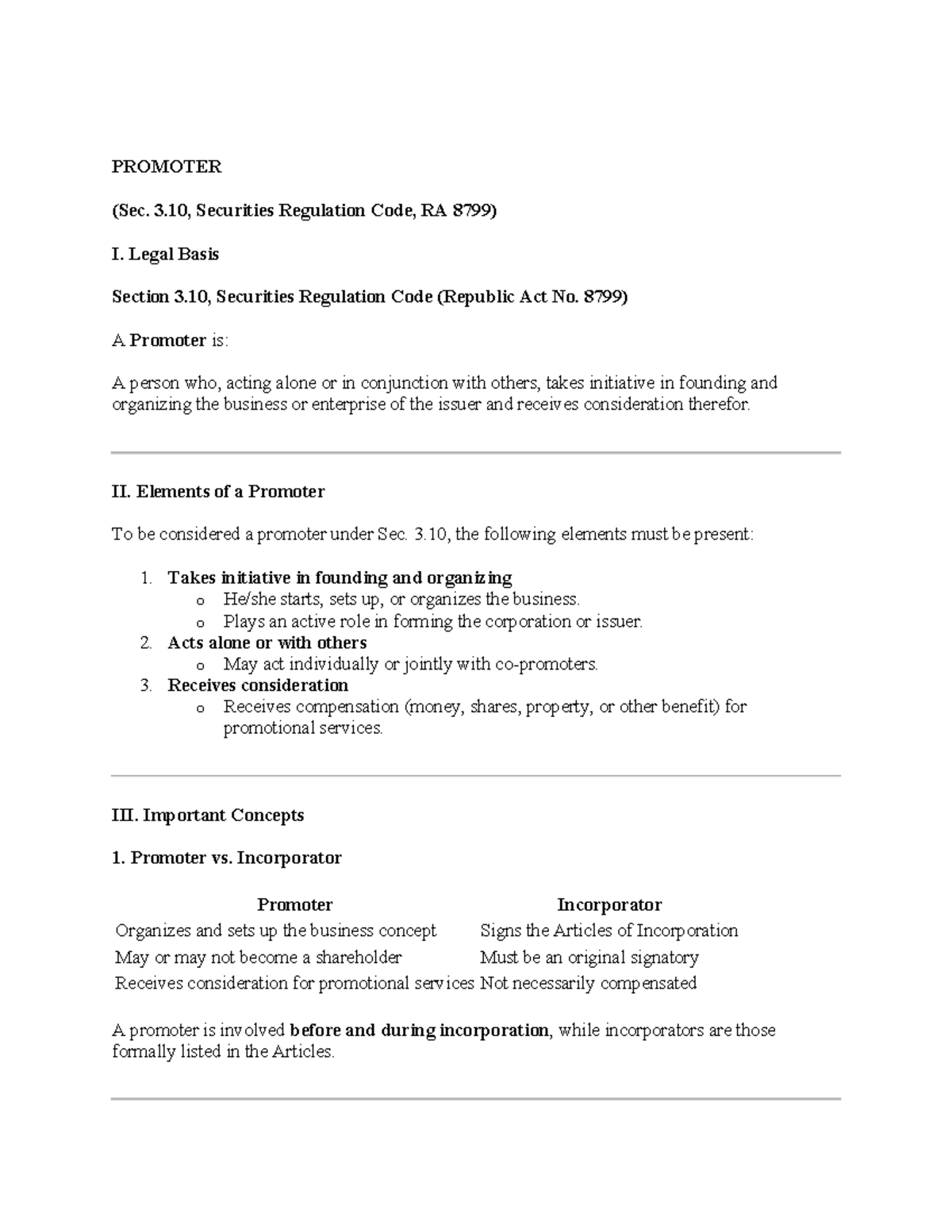 Promoter Overview: Sec. 3.10 RA 8799 - Legal Aspects & Functions - Studocu